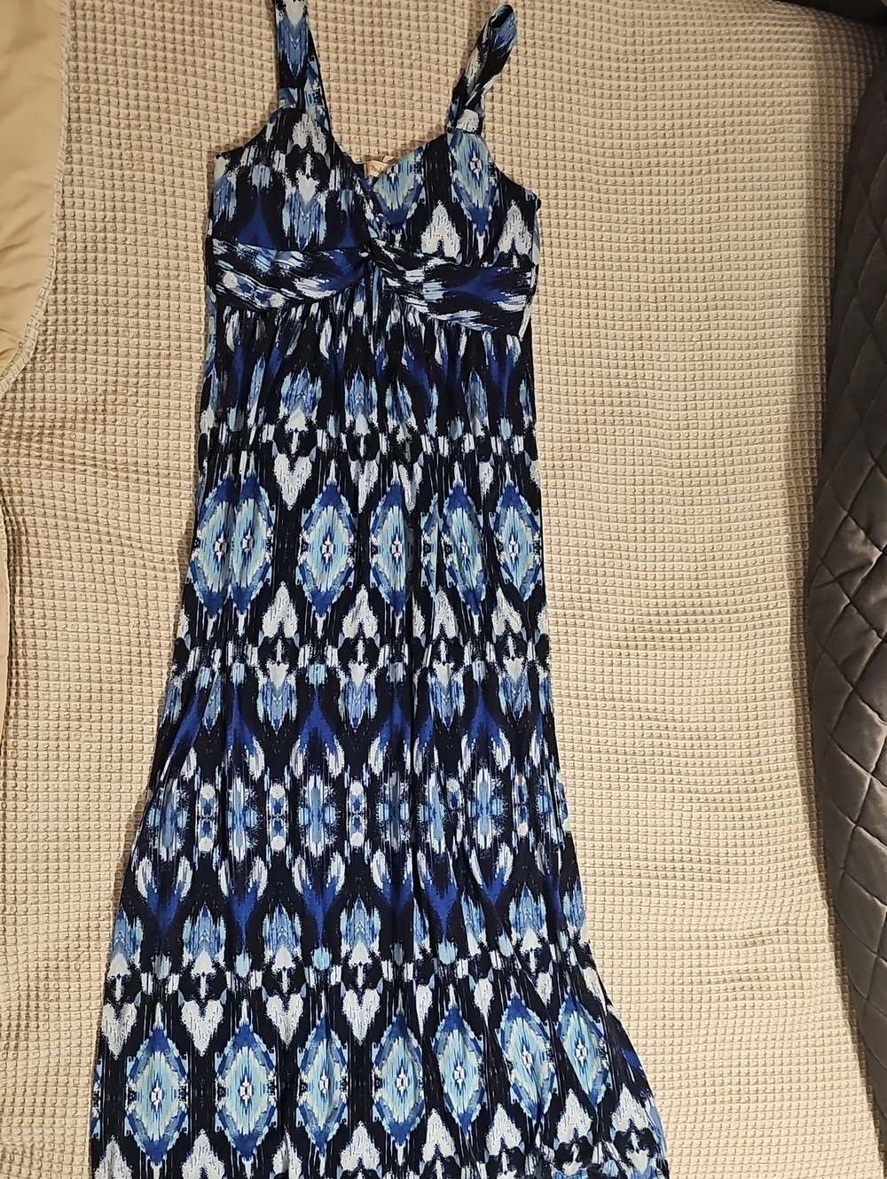 Blue Patterned Maxi Dress with Twist Bodice